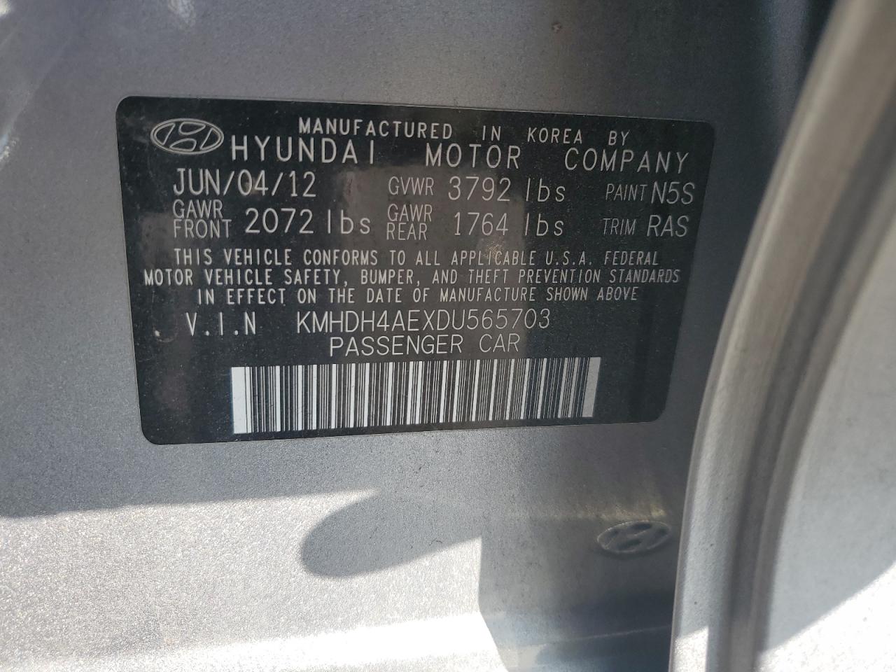 2013 Hyundai Elantra Gls VIN: KMHDH4AEXDU565703 Lot: 79998964