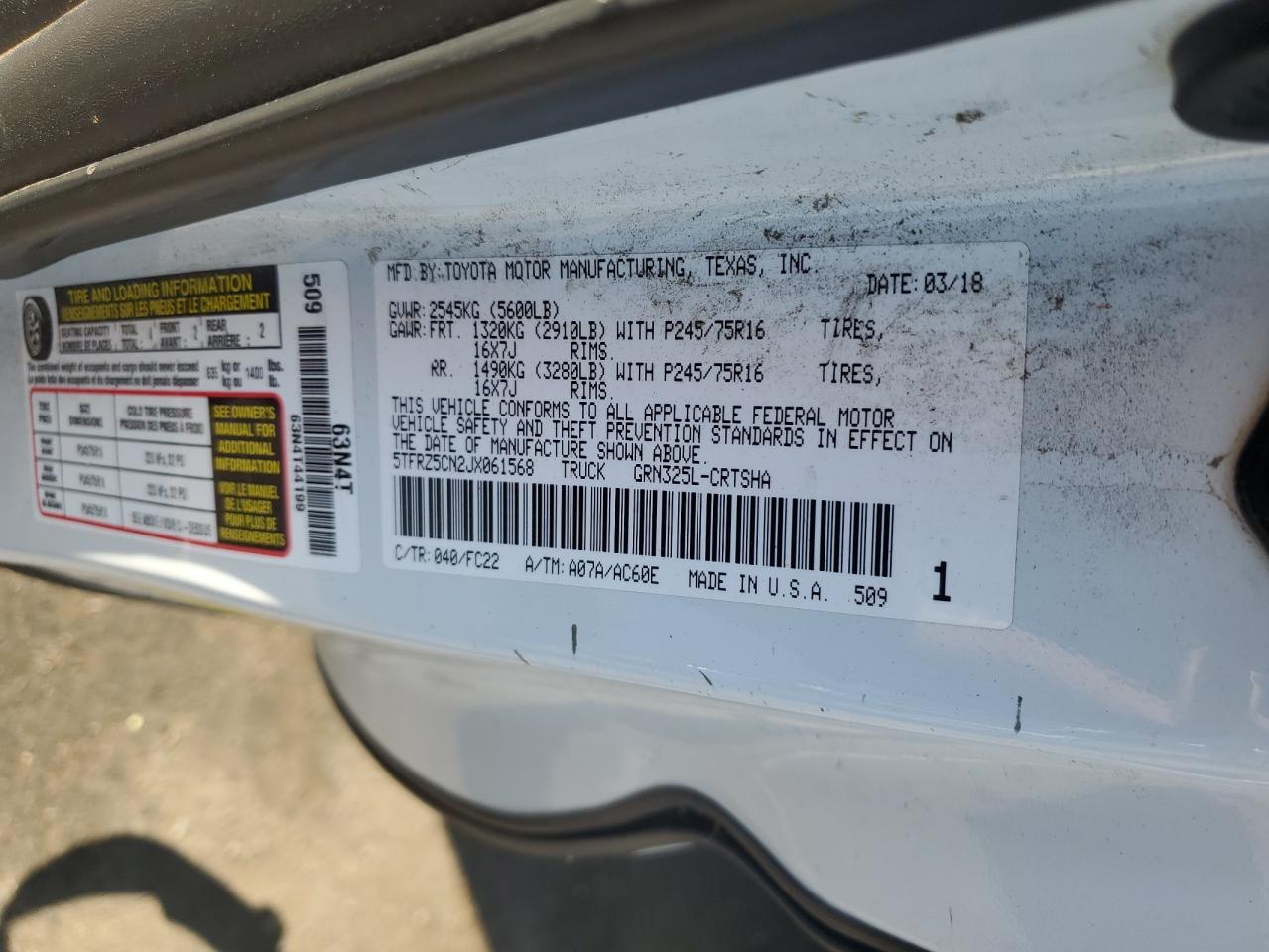 5TFRZ5CN2JX061568 2018 Toyota Tacoma Access Cab