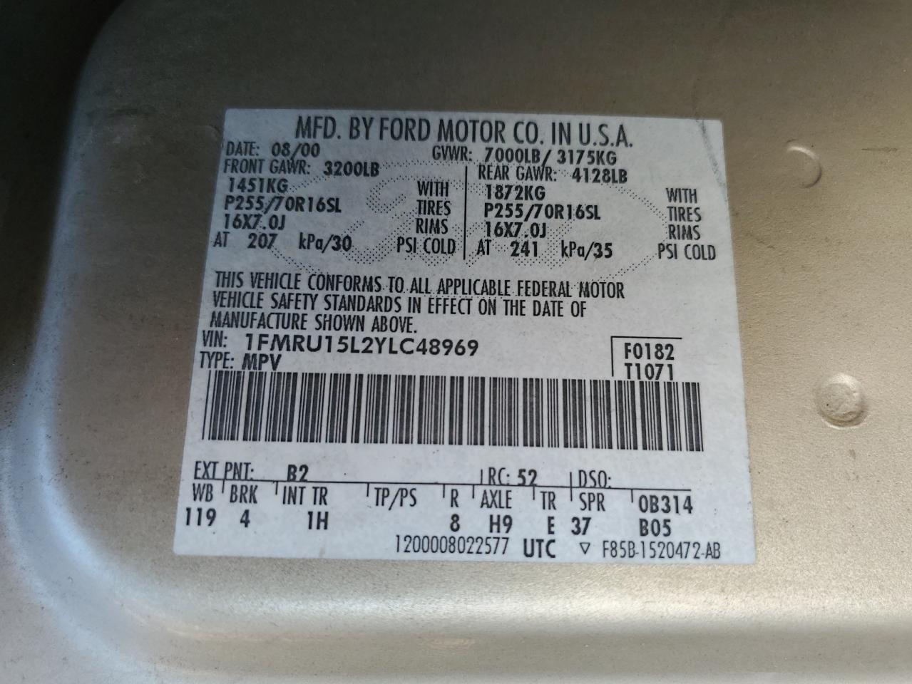 1FMRU15L2YLC48969 2000 Ford Expedition Xlt