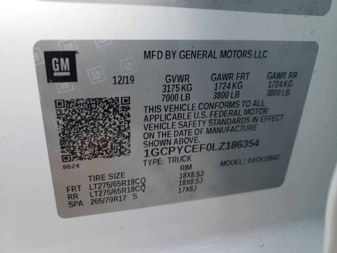 VIN 1GCPYCEF0LZ186354 2020 CHEVROLET ALL Models no.12