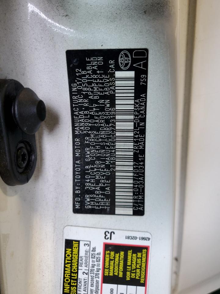 2012 Toyota Corolla Base VIN: 2T1BU4EE0CC773196 Lot: 82174914