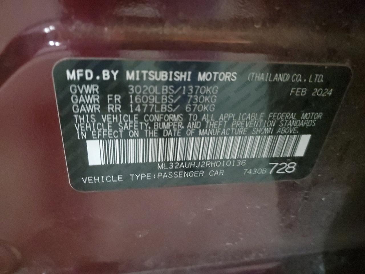 2024 Mitsubishi Mirage Es VIN: ML32AUHJ2RH010136 Lot: 78783604