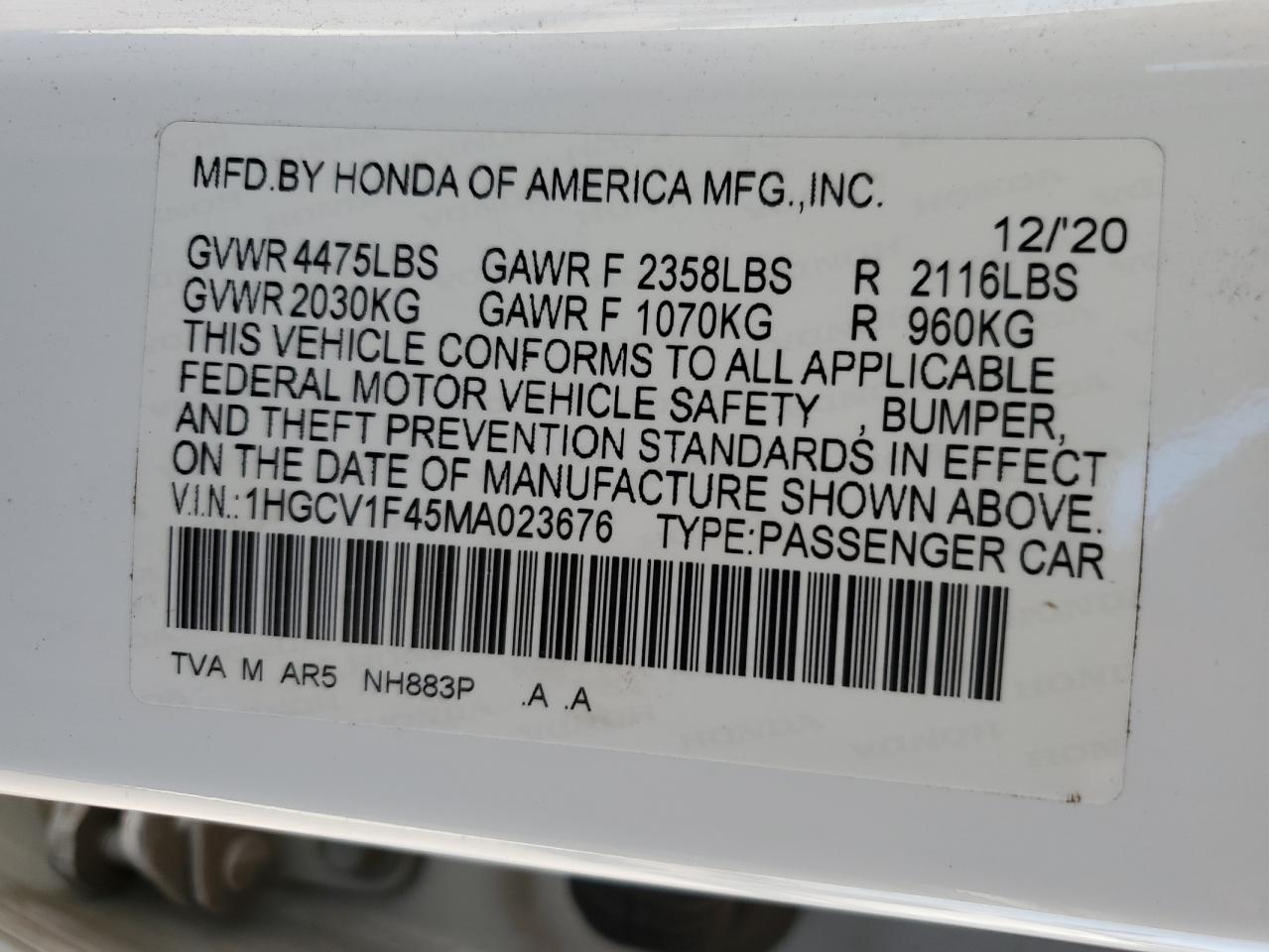 VIN 1HGCV1F45MA023676 2021 HONDA ACCORD no.13