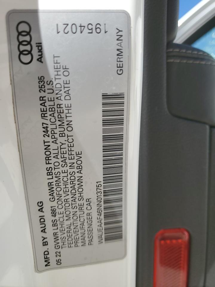 2022 Audi A4 Premium Plus 45 VIN: WAUEAAF46NN013751 Lot: 81301164