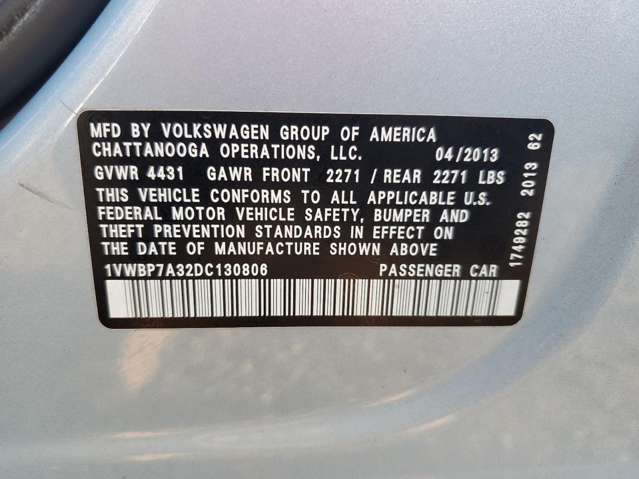 2013 Volkswagen Passat Se VIN: 1VWBP7A32DC130806 Lot: 80690504