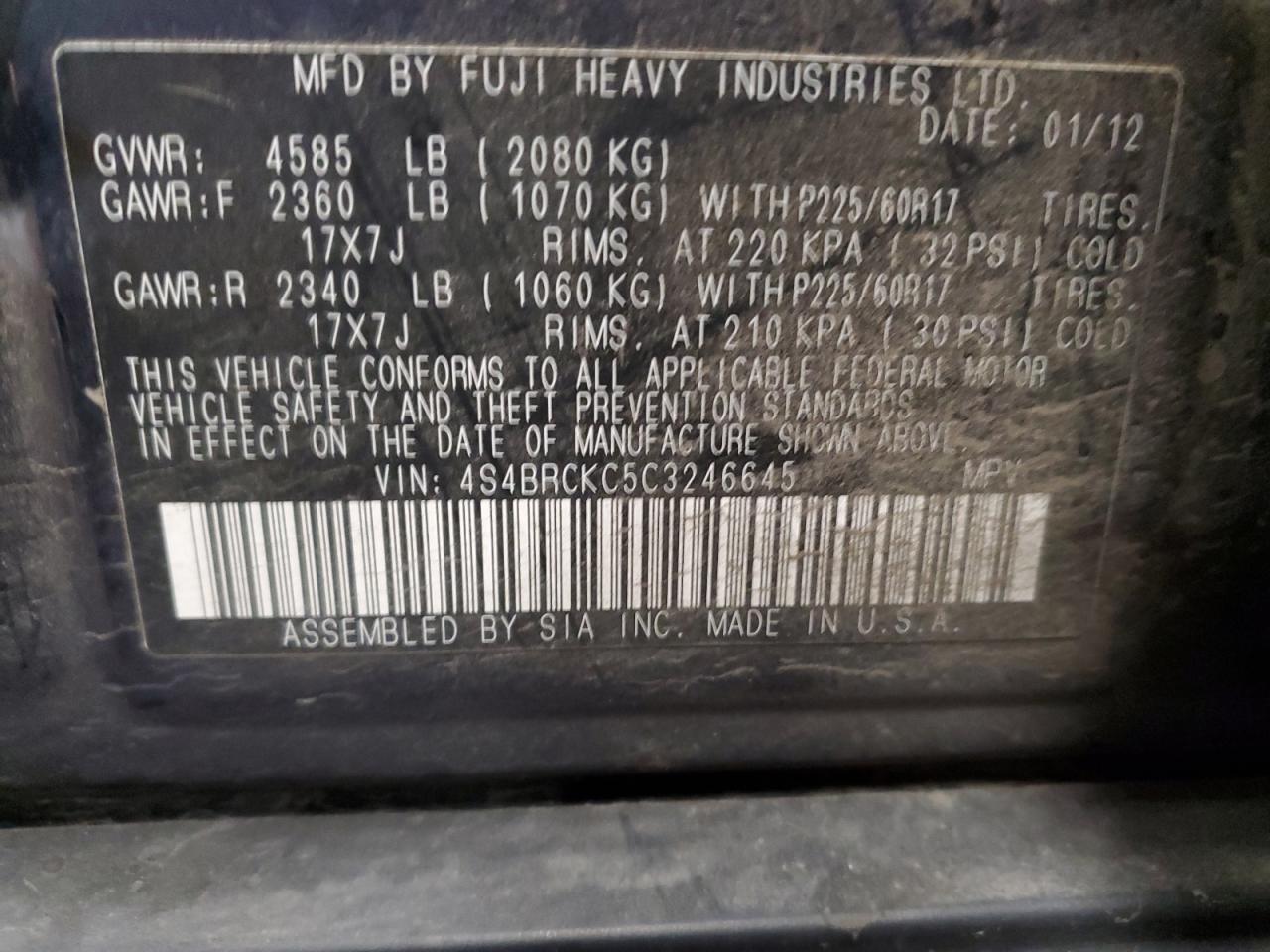 2012 Subaru Outback 2.5I Limited VIN: 4S4BRCKC5C3246645 Lot: 80442134