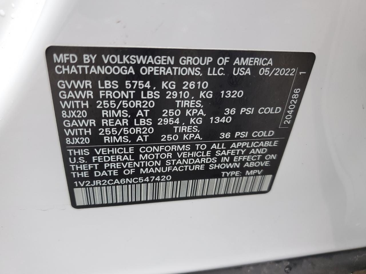 VIN 1V2JR2CA6NC547420 2022 VOLKSWAGEN ATLAS no.13