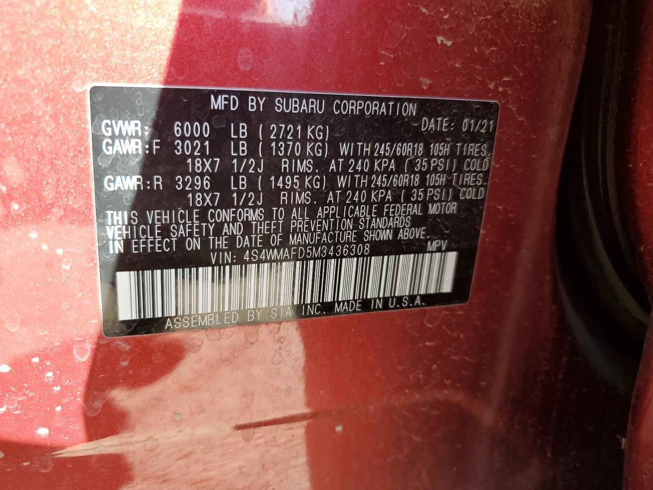 2021 Subaru Ascent Premium VIN: 4S4WMAFD5M3436308 Lot: 79859024