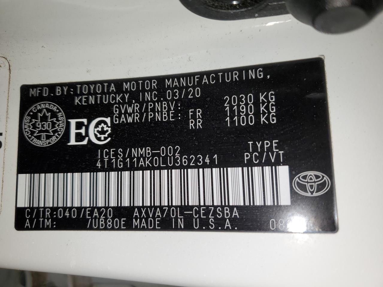4T1G11AK0LU362341 TOYOTA CAMRY 2020
