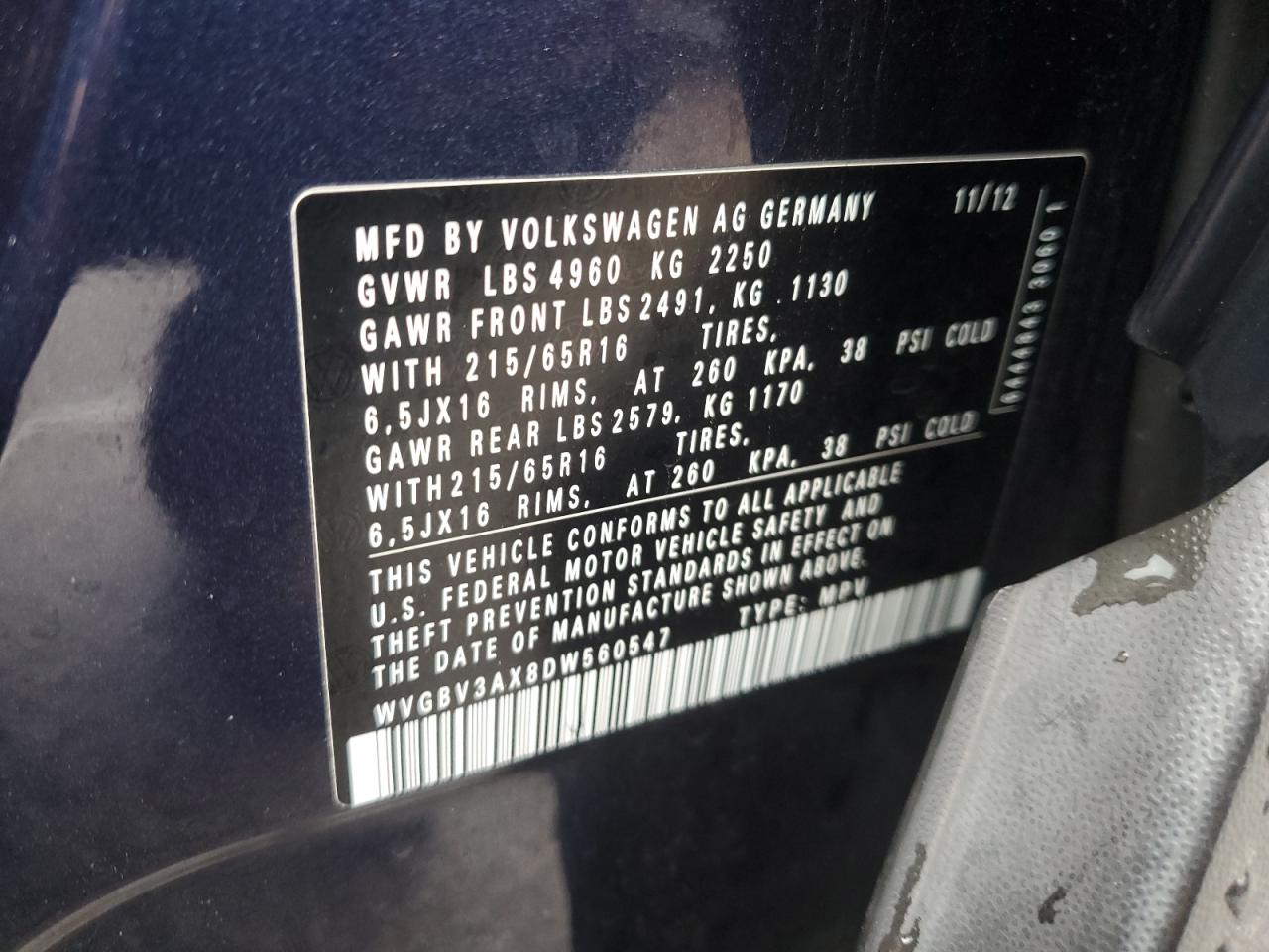 VIN WVGBV3AX8DW560547 2013 VOLKSWAGEN TIGUAN no.13