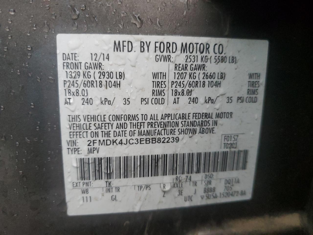 VIN 2FMDK4JC3EBB82239 2014 FORD EDGE no.13