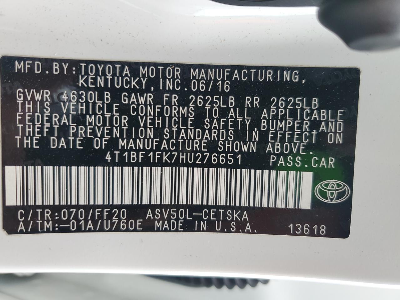 VIN 4T1BF1FK7HU276651 2017 TOYOTA CAMRY no.12