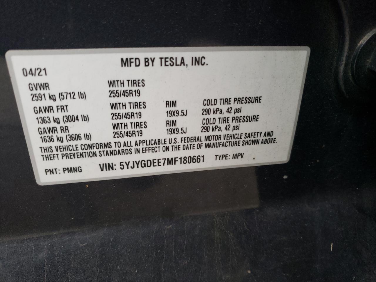 2021 Tesla Model Y VIN: 5YJYGDEE7MF180661 Lot: 80393384