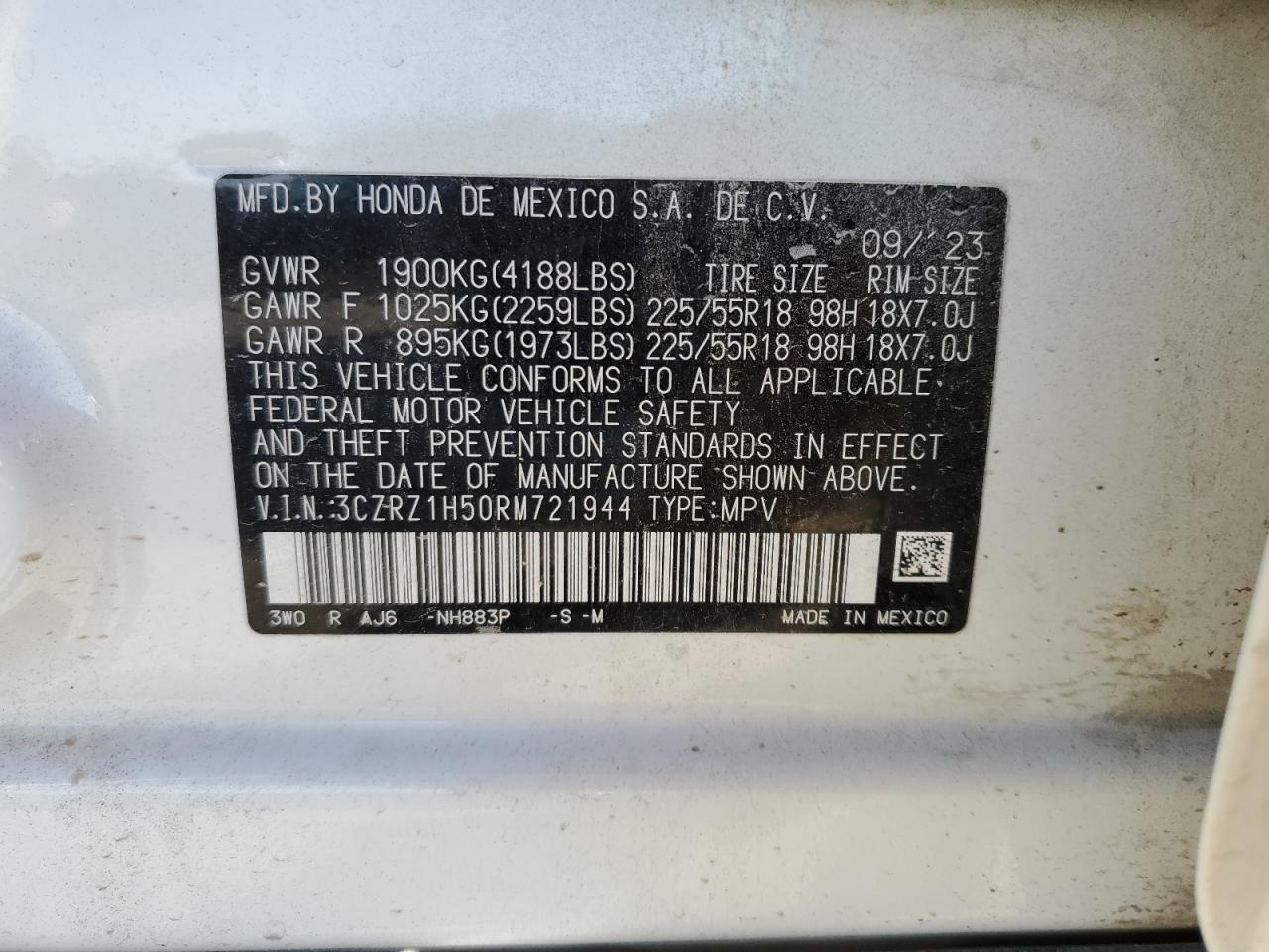 VIN 3CZRZ1H50RM721944 2024 HONDA HR-V no.13