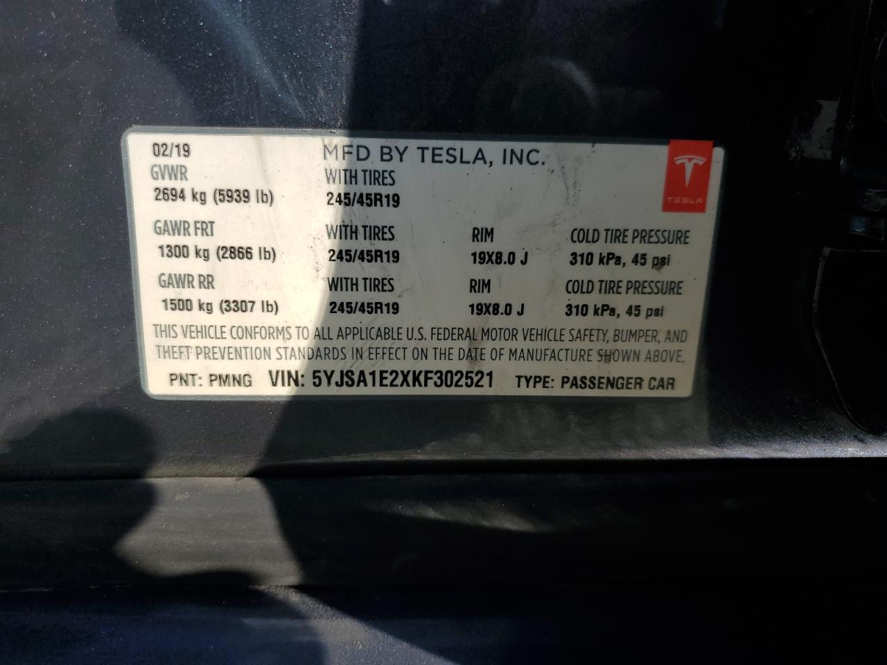 2019 Tesla Model S VIN: 5YJSA1E2XKF302521 Lot: 80997474