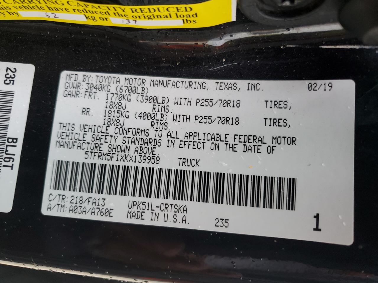 VIN 5TFRM5F1XKX139958 2019 TOYOTA TUNDRA no.12