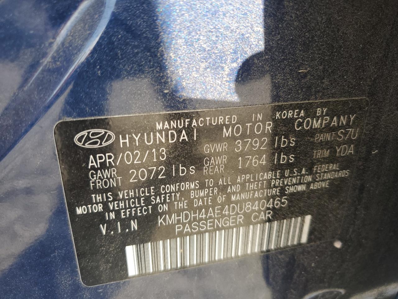 2013 Hyundai Elantra Gls VIN: KMHDH4AE4DU840465 Lot: 79720584