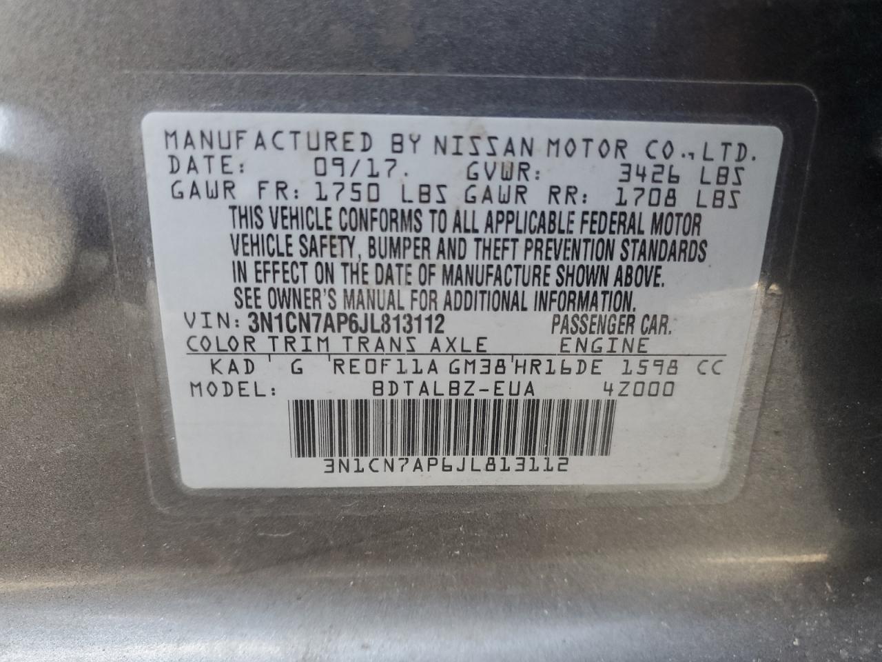 VIN 3N1CN7AP6JL813112 2018 NISSAN VERSA no.13