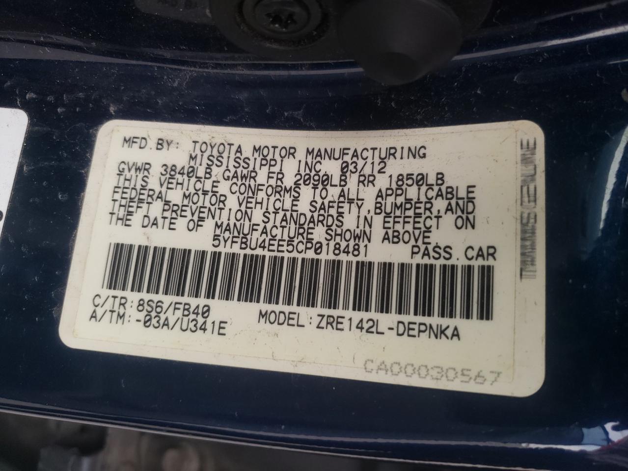 2012 Toyota Corolla Base VIN: 5YFBU4EE5CP018481 Lot: 81672424