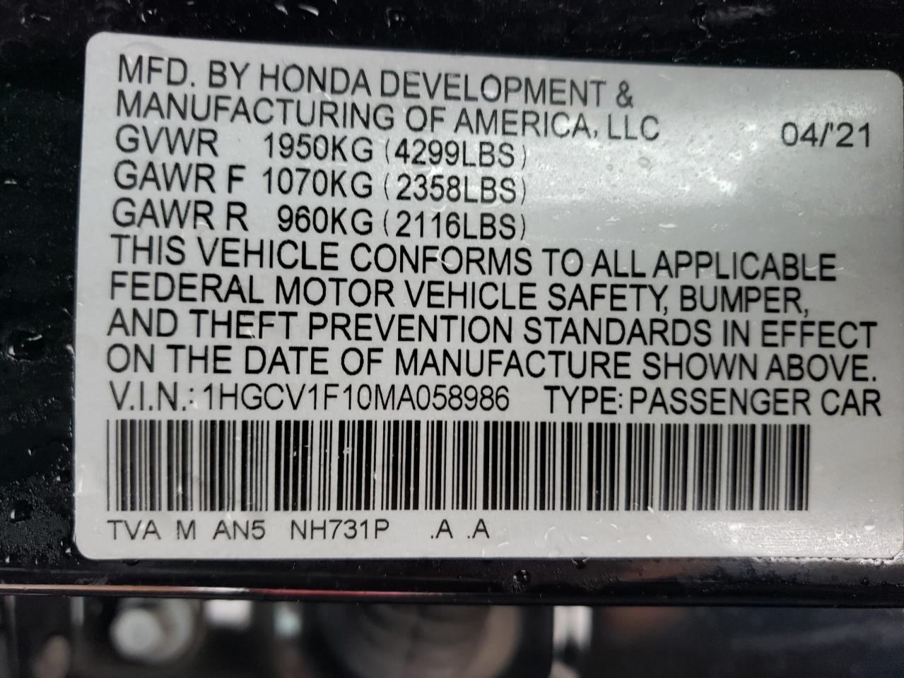 2021 Honda Accord Lx VIN: 1HGCV1F10MA058986 Lot: 79500394