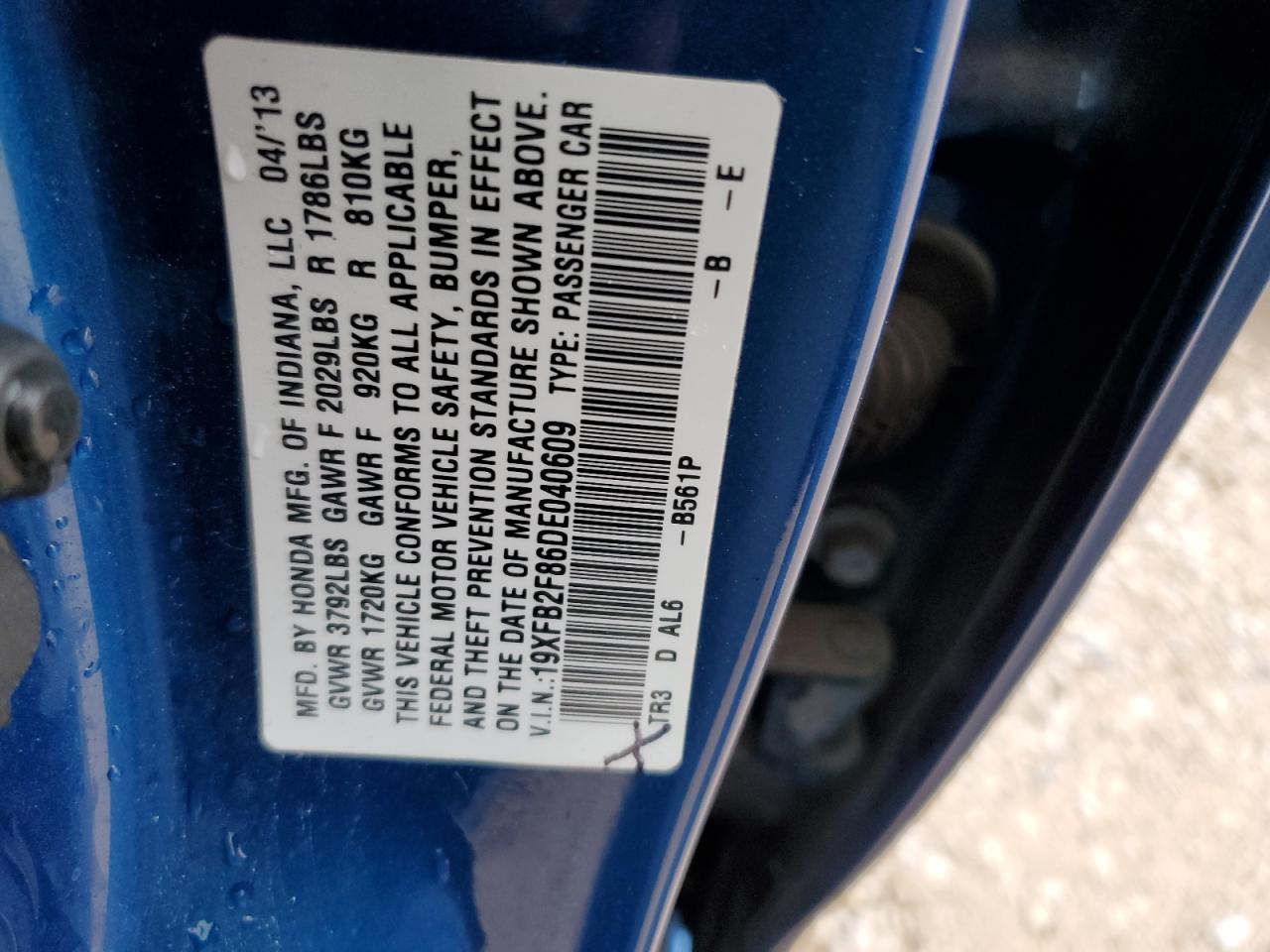 2013 Honda Civic Ex VIN: 19XFB2F86DE040609 Lot: 78746494