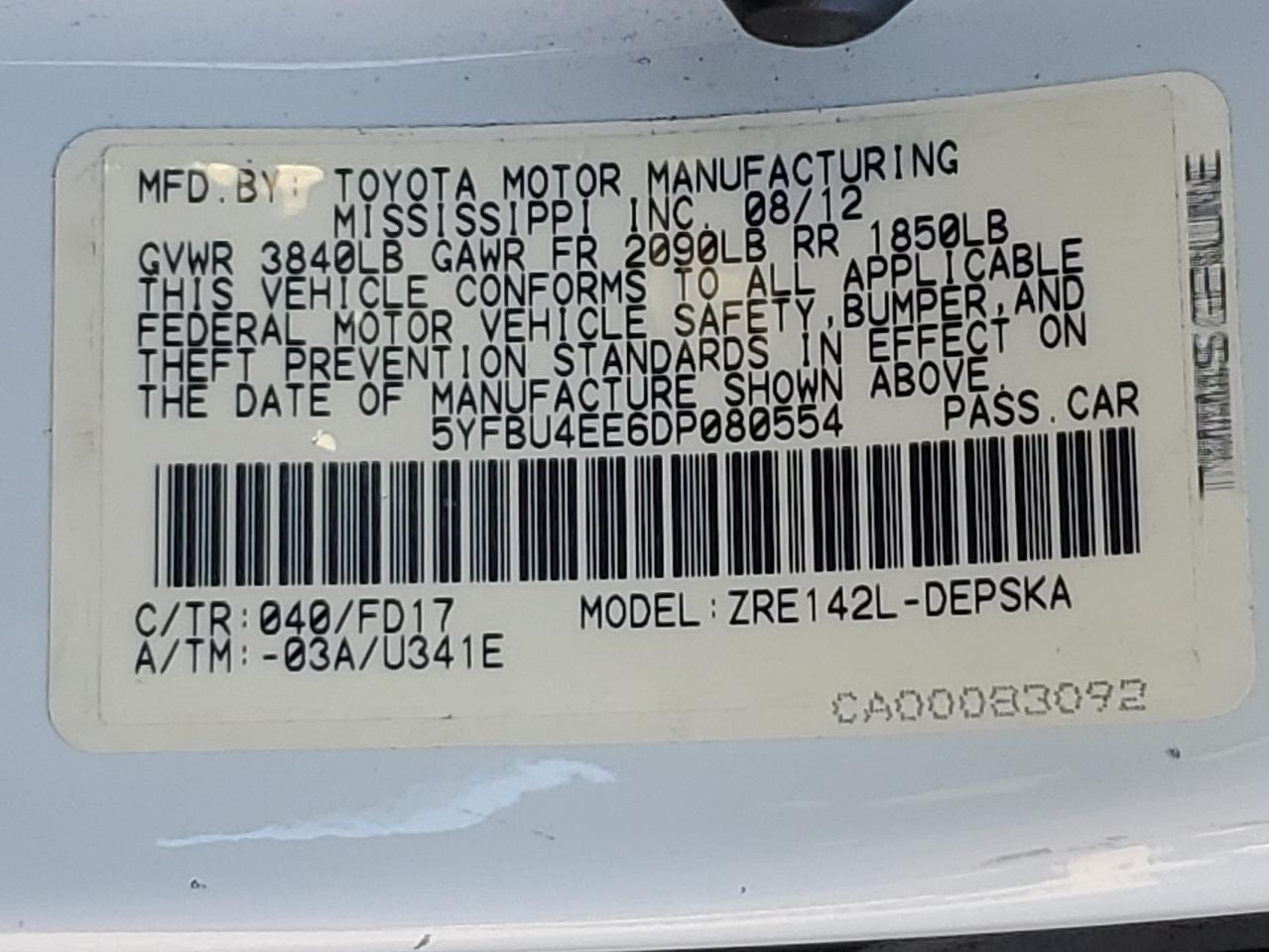 VIN 5YFBU4EE6DP080554 2013 TOYOTA COROLLA no.12