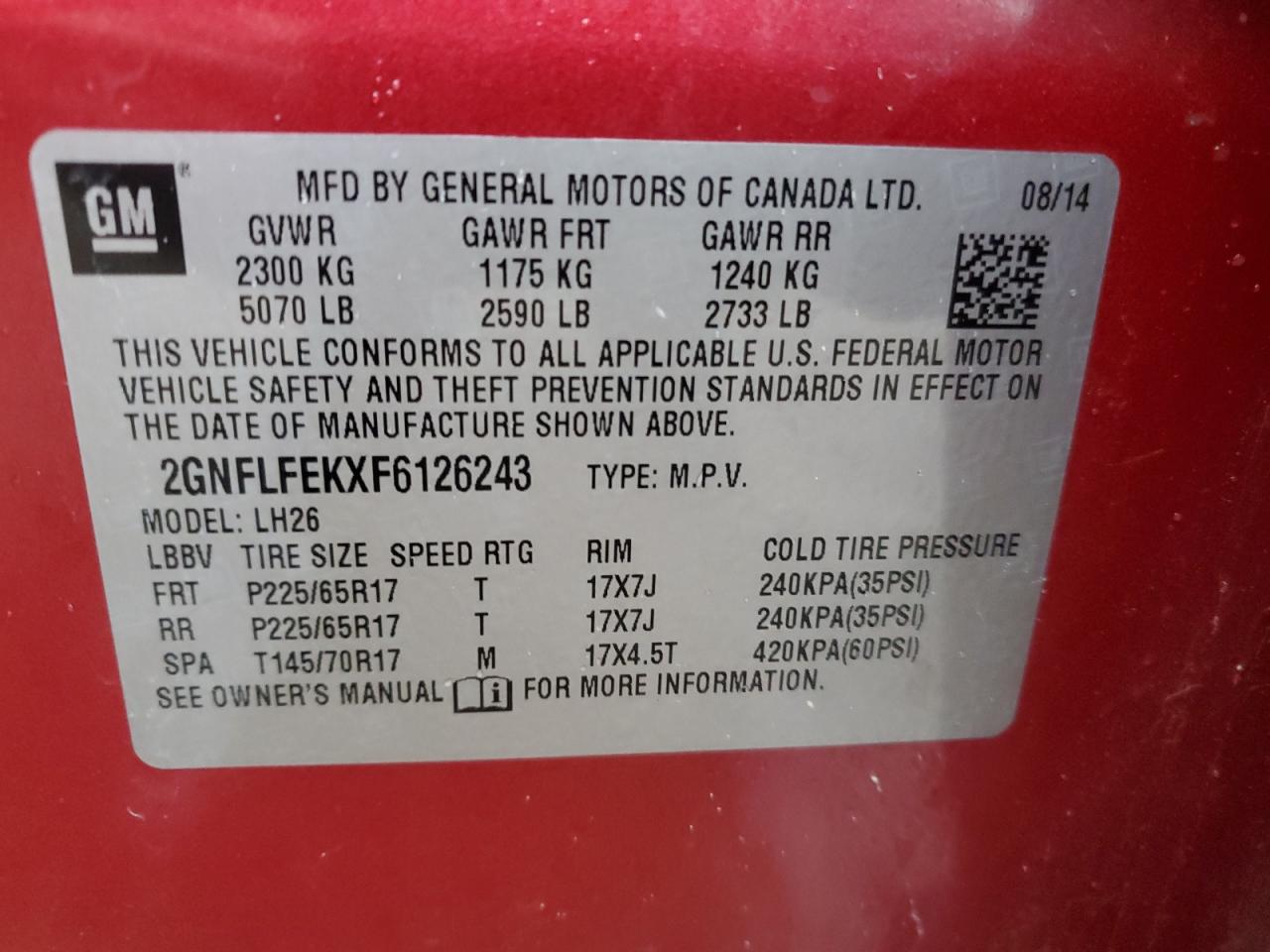 VIN 2GNFLFEKXF6126243 2015 CHEVROLET EQUINOX no.14