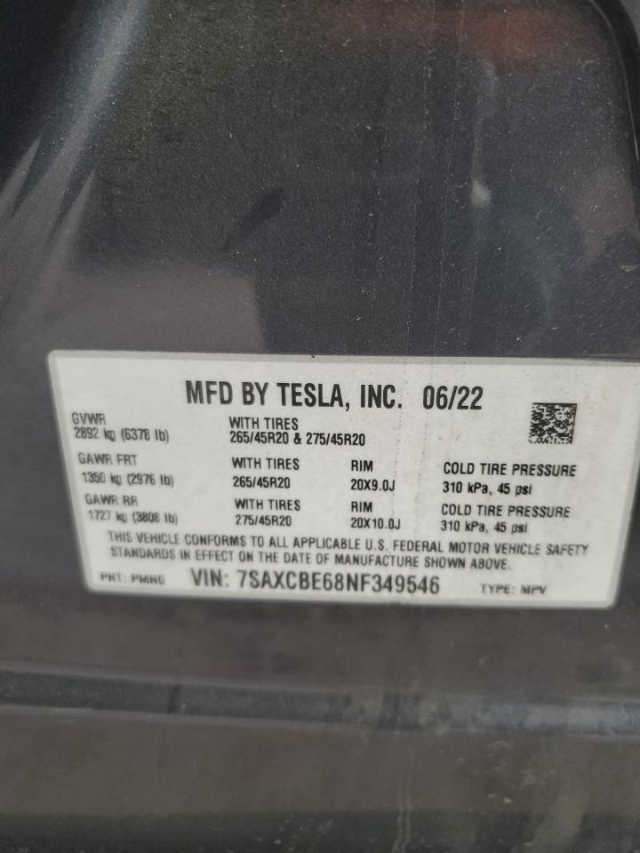 2022 Tesla Model X VIN: 7SAXCBE68NF349546 Lot: 82600044