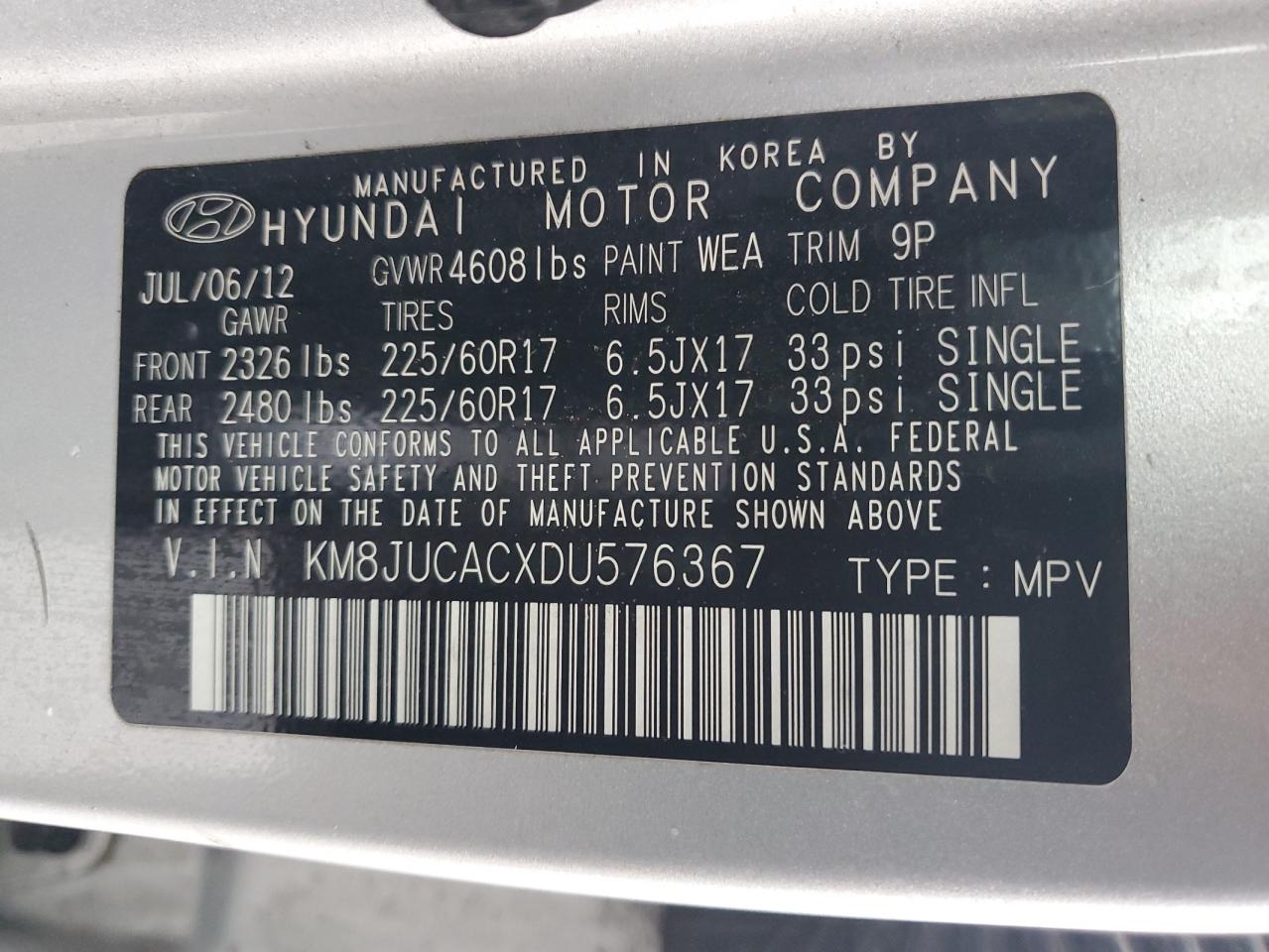 2013 Hyundai Tucson Gls VIN: KM8JUCACXDU576367 Lot: 78621124