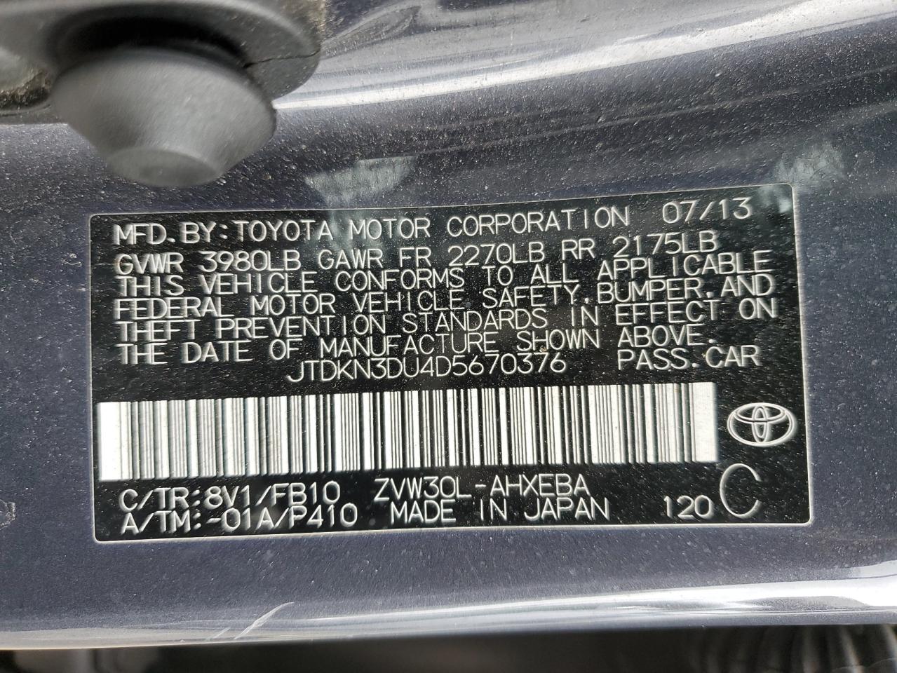 VIN JTDKN3DU4D5670376 2013 TOYOTA PRIUS no.12