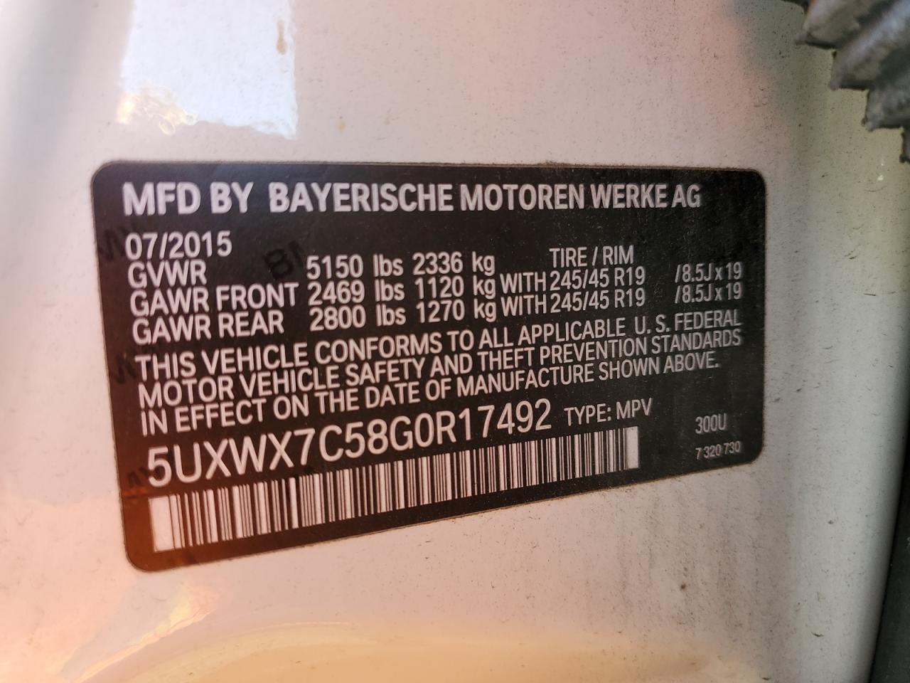 5UXWX7C58G0R17492 2016 BMW X3 xDrive35I