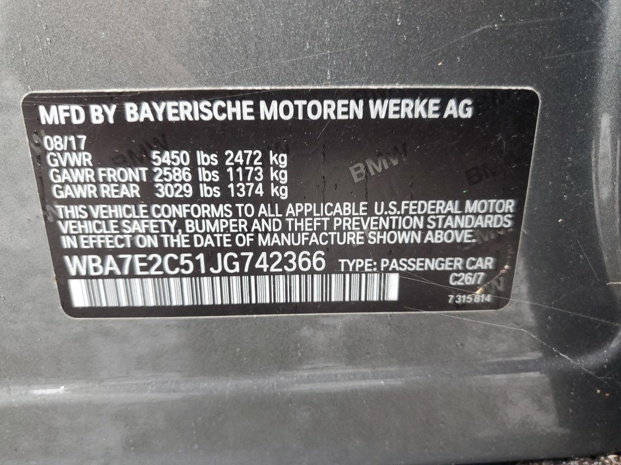 2018 BMW 740 I VIN: WBA7E2C51JG742366 Lot: 81535834