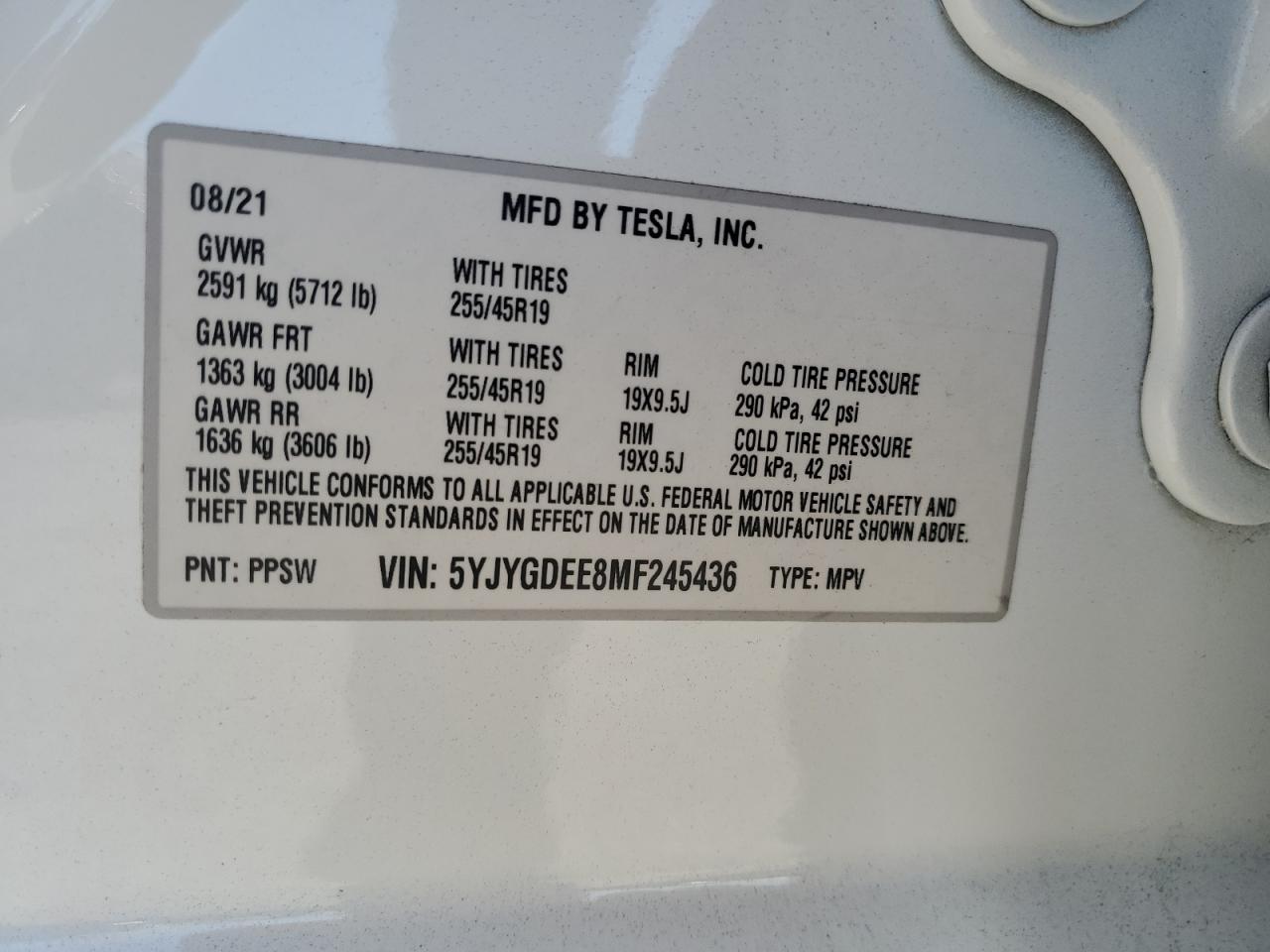 2021 Tesla Model Y VIN: 5YJYGDEE8MF245436 Lot: 80164374