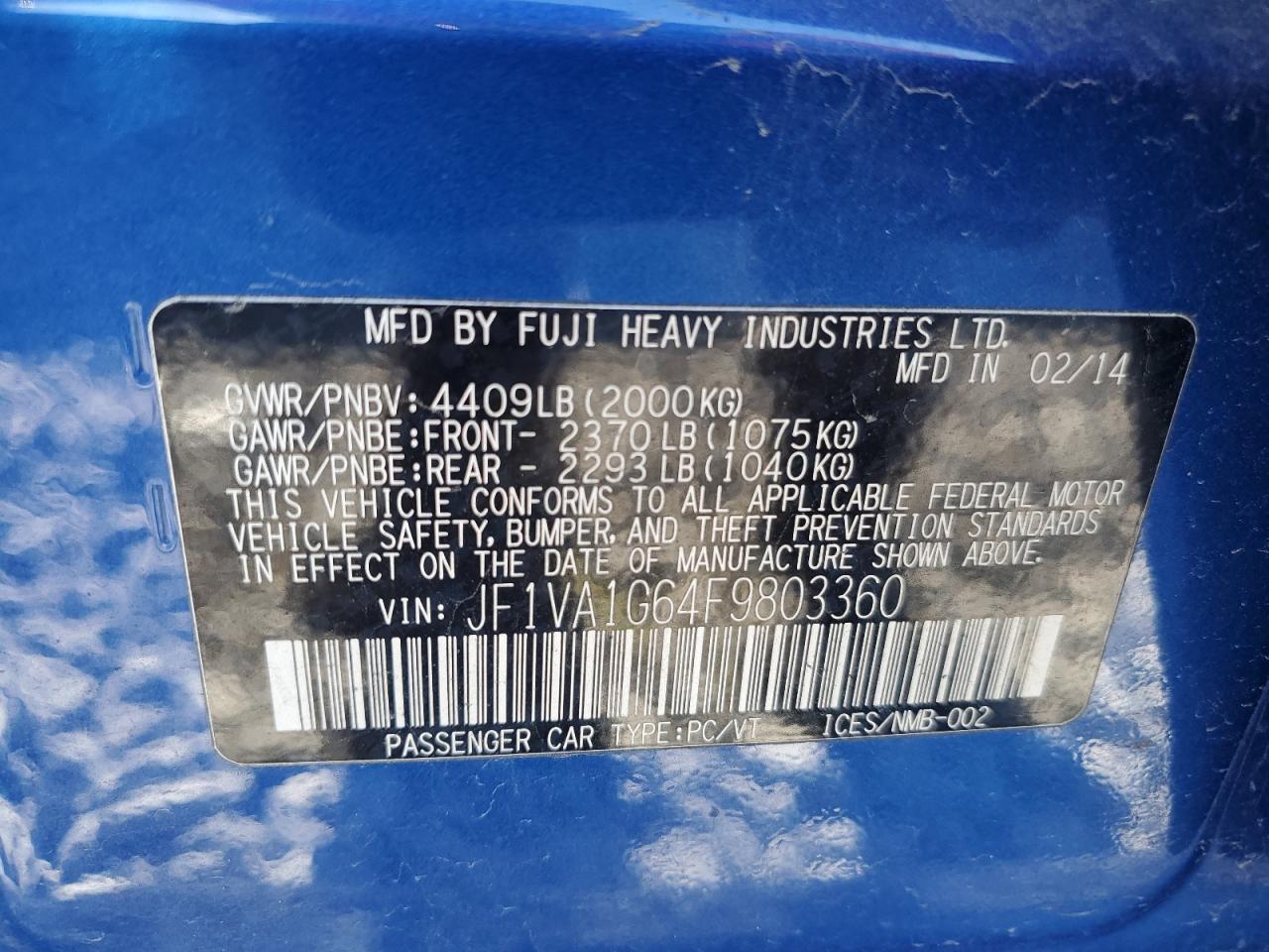 VIN JF1VA1G64F9803360 2015 SUBARU WRX no.13