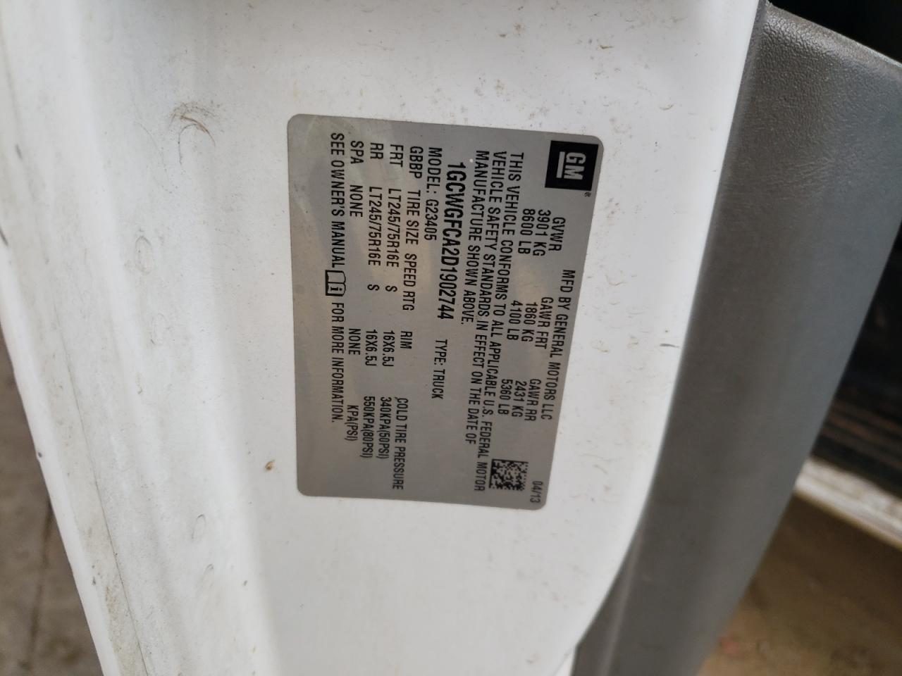 2013 Chevrolet Express G2500 VIN: 1GCWGFCA2D1902744 Lot: 78998894