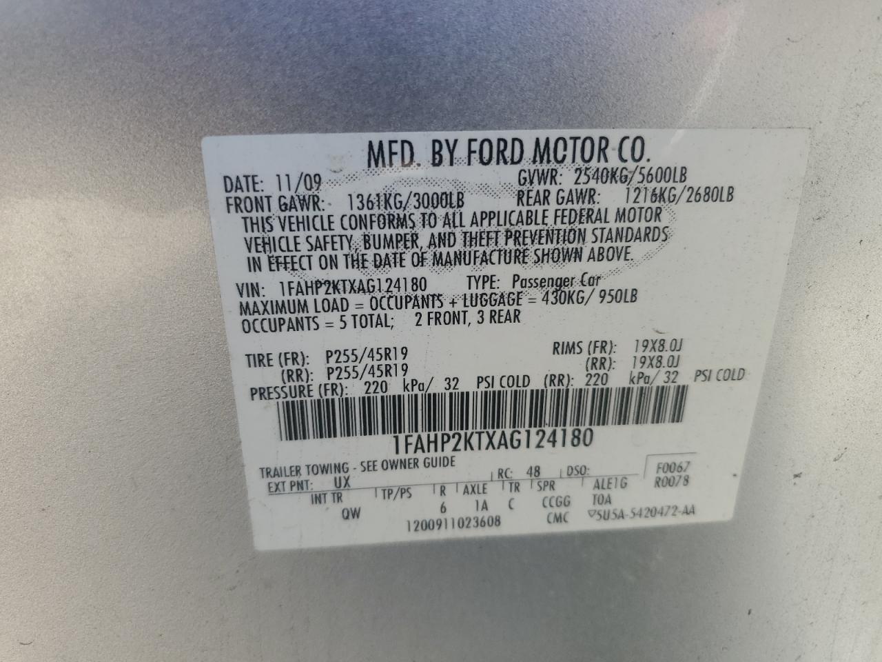 2010 Ford Taurus Sho VIN: 1FAHP2KTXAG124180 Lot: 80130204