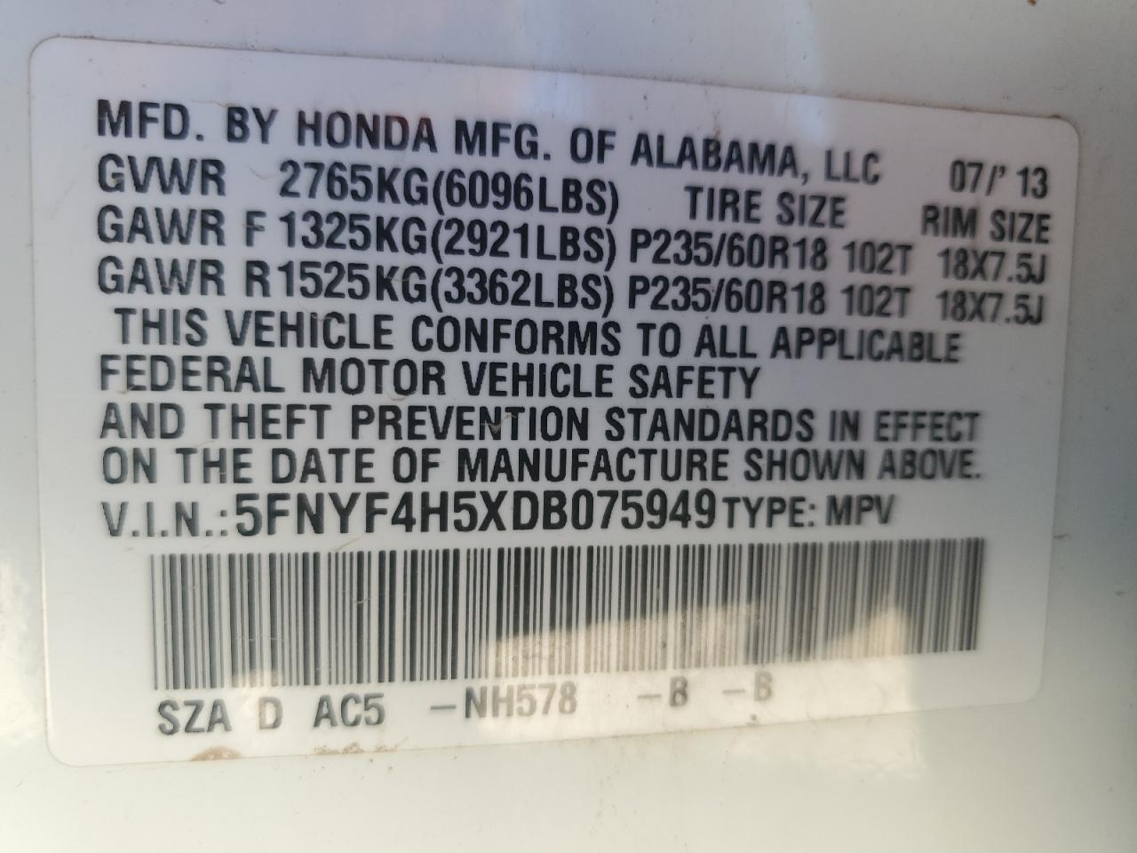 2013 Honda Pilot Exl VIN: 5FNYF4H5XDB075949 Lot: 78106504