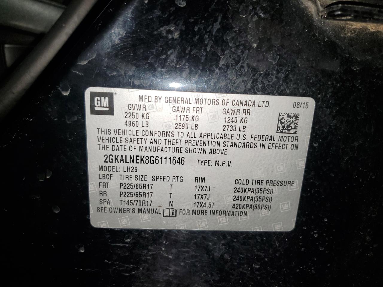 2016 GMC Terrain Sle VIN: 2GKALNEK8G6111646 Lot: 81528894