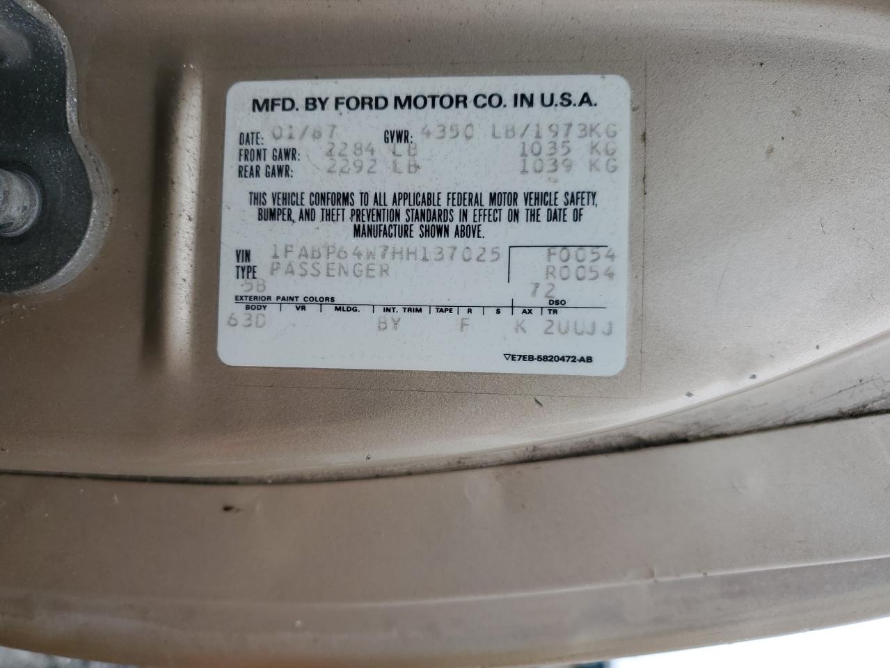 1987 Ford Thunderbird VIN: 1FABP64W7HH137025 Lot: 80162264