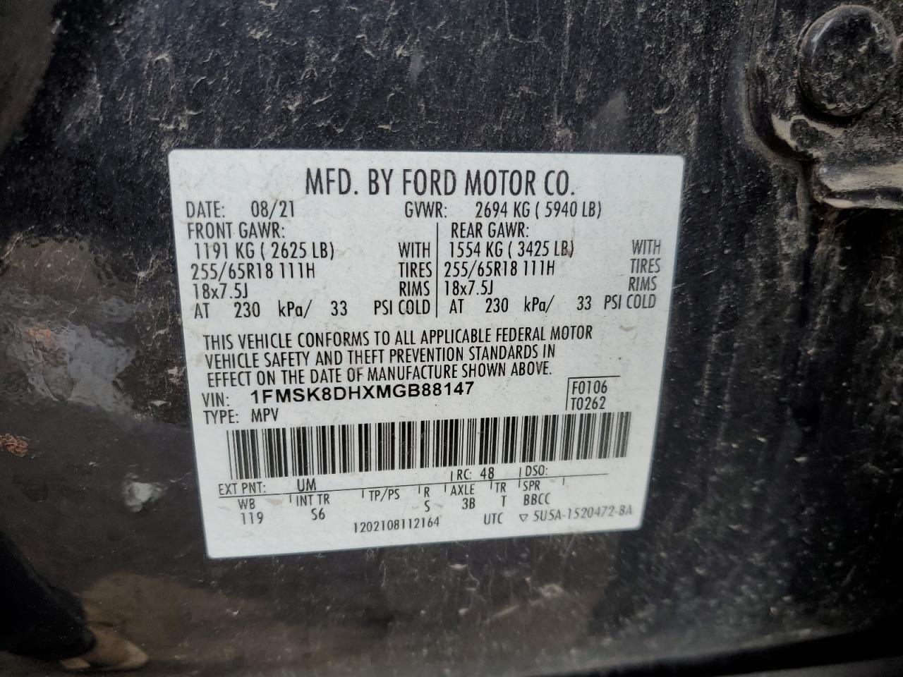 VIN 1FMSK8DHXMGB88147 2021 FORD EXPLORER no.13