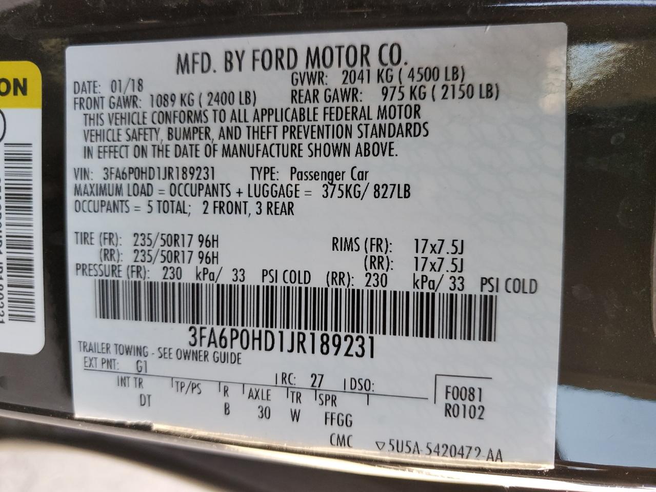 VIN 3FA6P0HD1JR189231 2018 FORD FUSION no.12