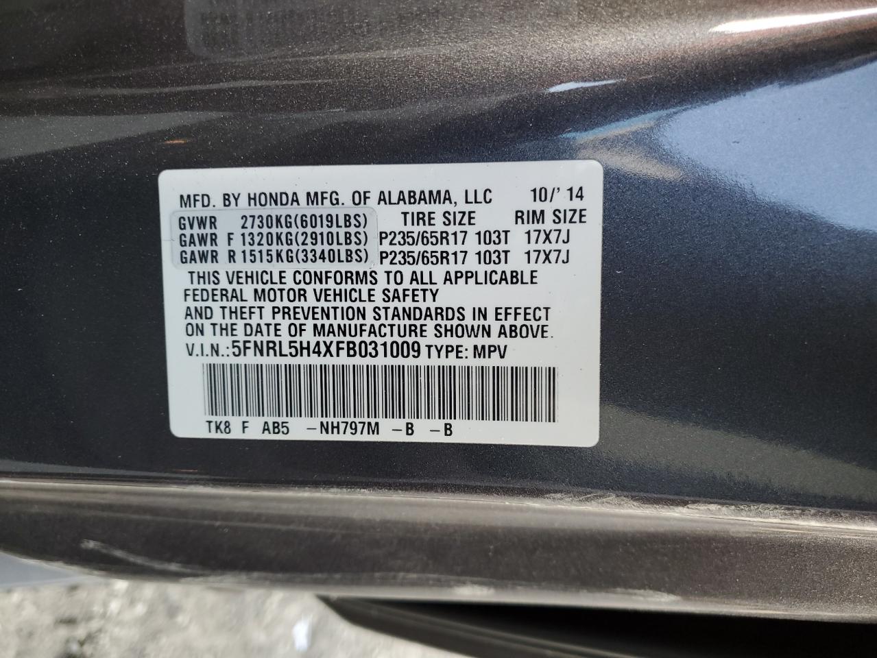 VIN 5FNRL5H4XFB031009 2015 HONDA All Models no.13