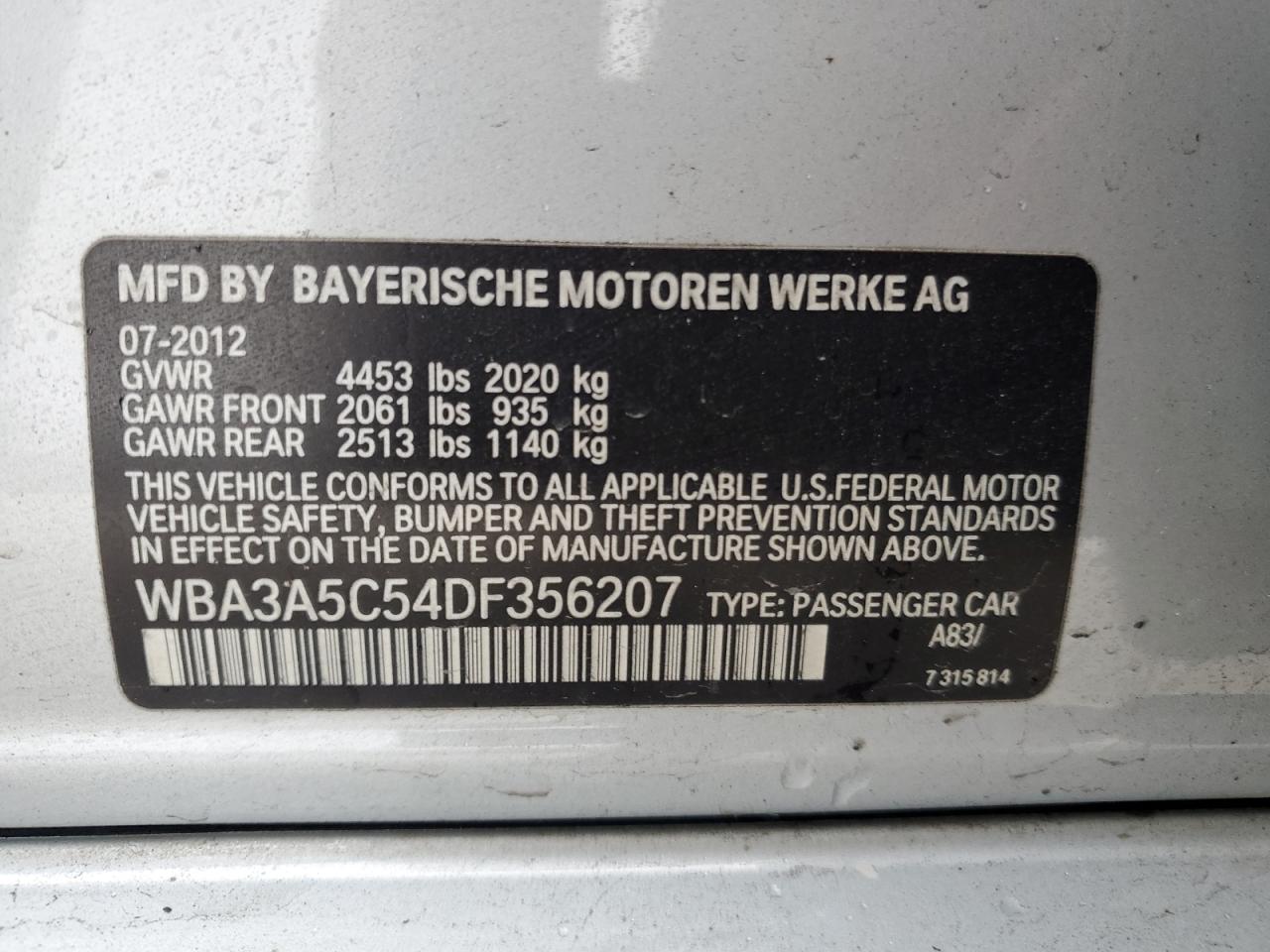 VIN WBA3A5C54DF356207 2013 BMW 3 SERIES no.12