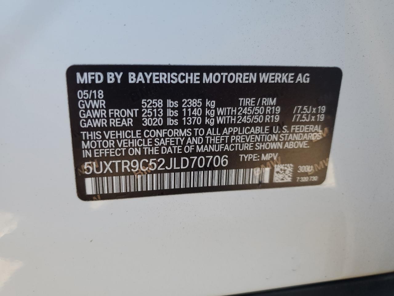 VIN 5UXTR9C52JLD70706 2018 BMW X3 no.14