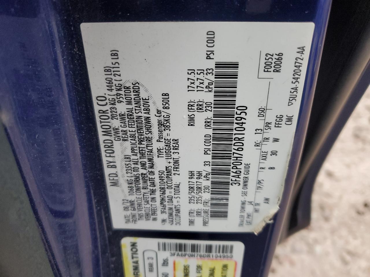 VIN 3FA6P0H76DR104950 2013 FORD FUSION no.12