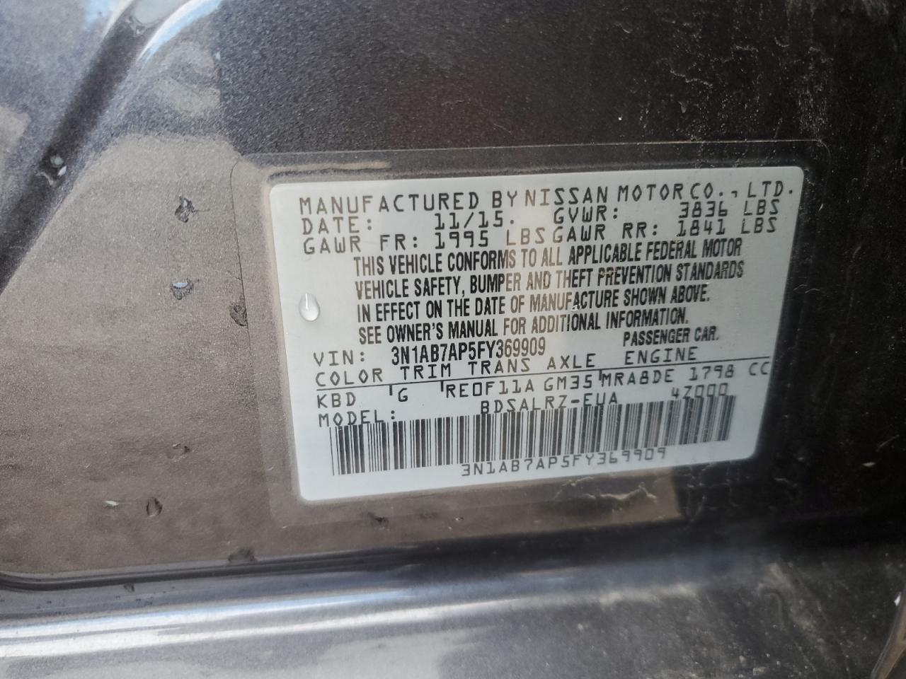 2015 Nissan Sentra S VIN: 3N1AB7AP5FY369909 Lot: 79939664