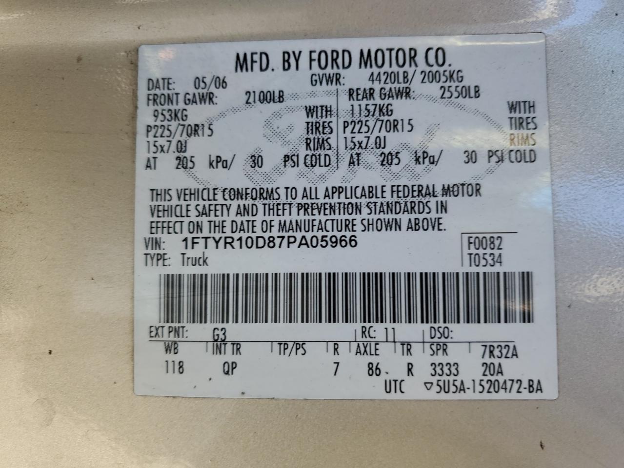 2007 Ford Ranger VIN: 1FTYR10D87PA05966 Lot: 80237714
