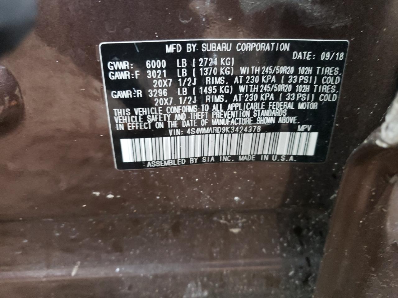 2019 Subaru Ascent Touring VIN: 4S4WMARD9K3424378 Lot: 81691294