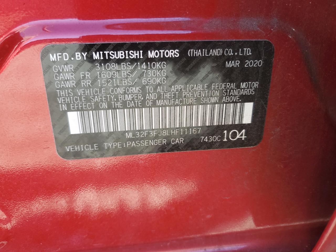 2020 Mitsubishi Mirage G4 Es VIN: ML32F3FJ8LHF11167 Lot: 81781634