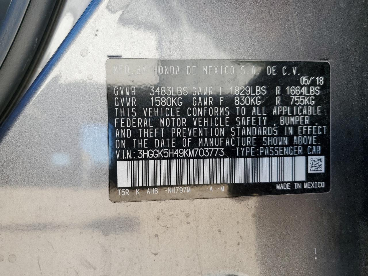 2019 Honda Fit Lx VIN: 3HGGK5H49KM703773 Lot: 93482165